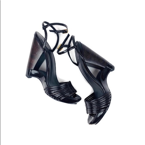 M.P.S. Oki Brown Patent Leather Wedge Heel Sandals - Picture 2 of 8